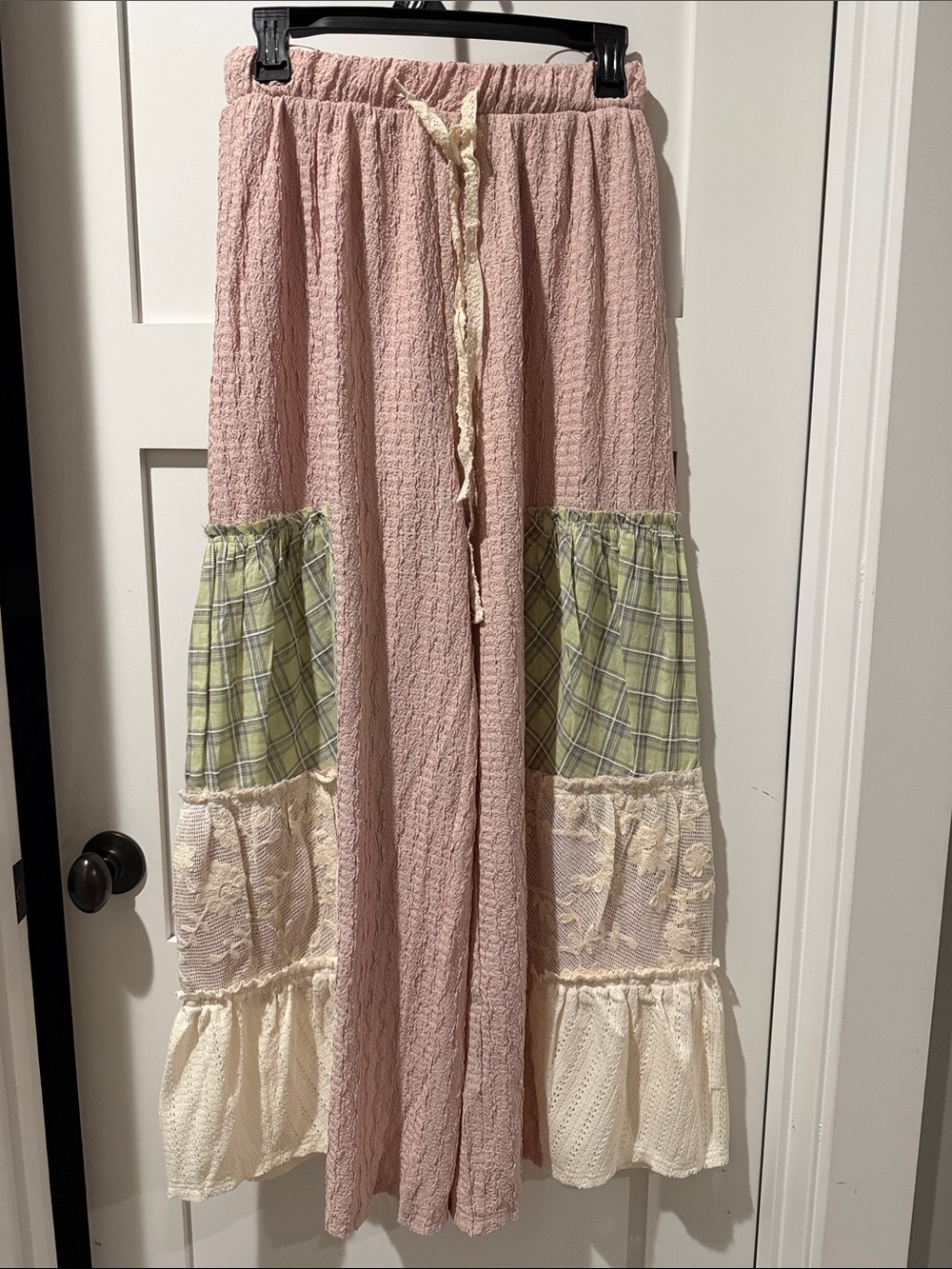 Fantastic Fawn Patchwork Pink pants with Cream & Green Accents
